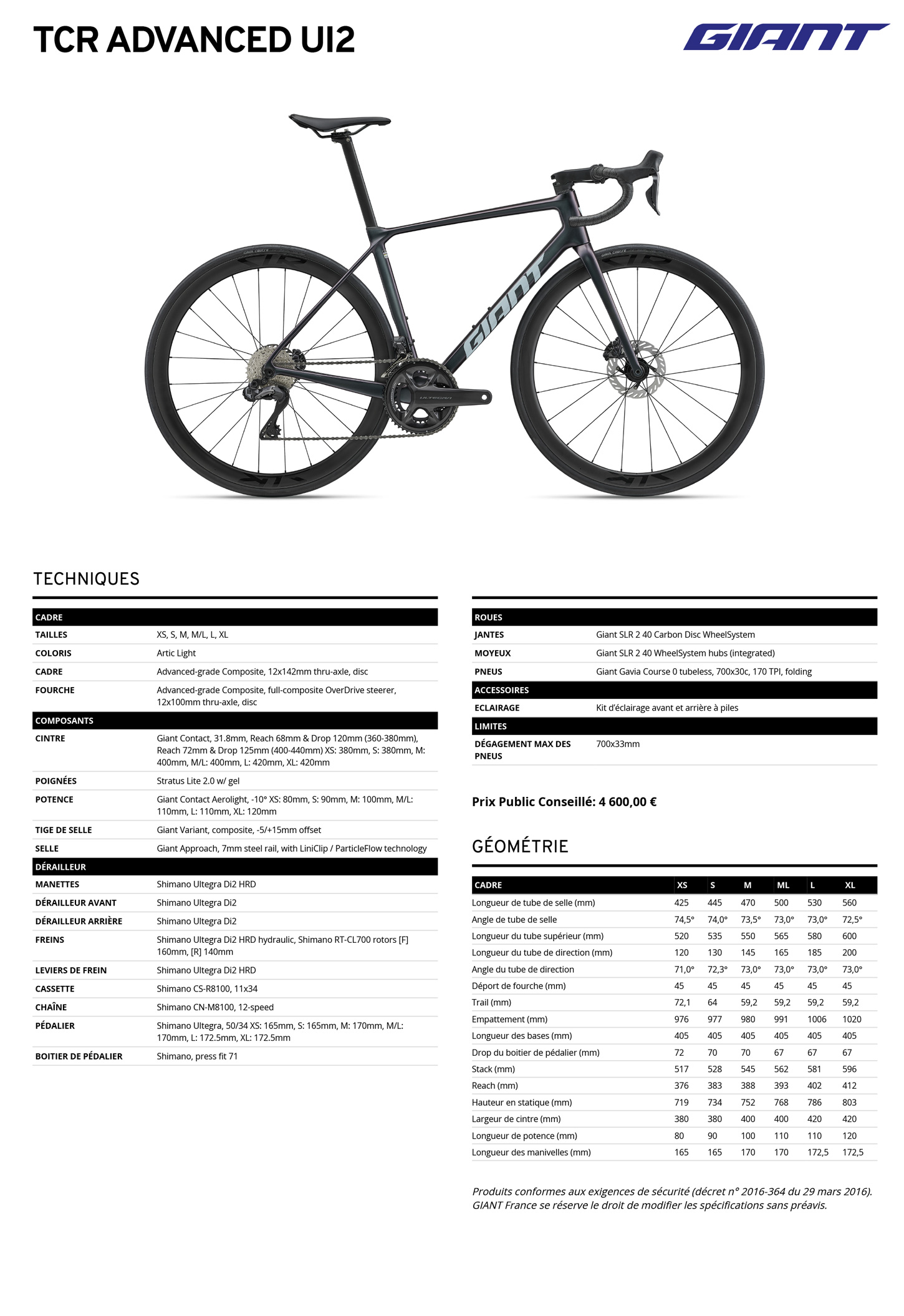 Fiche technique du velo TCR Advanced Ui2 année 2027